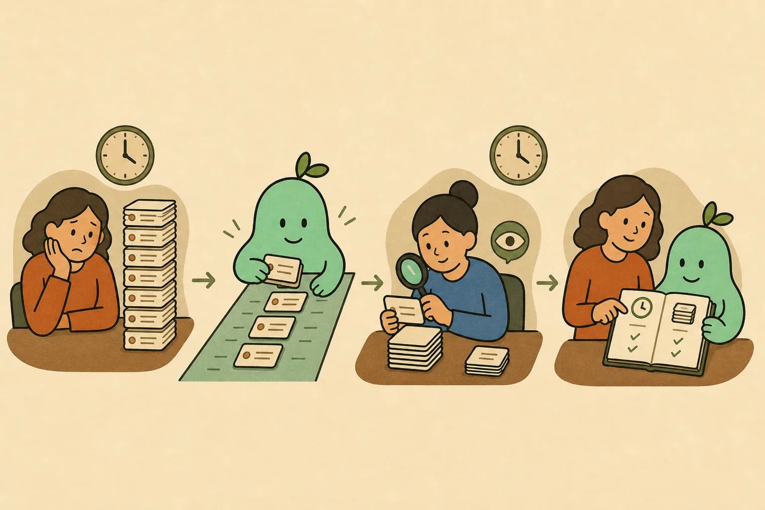 Cuatro escenas muestran una fila de tareas, a GC/AI preparando casos, una revisión humana que todavía consume tiempo y una comparación final basada solo en trabajo terminado.