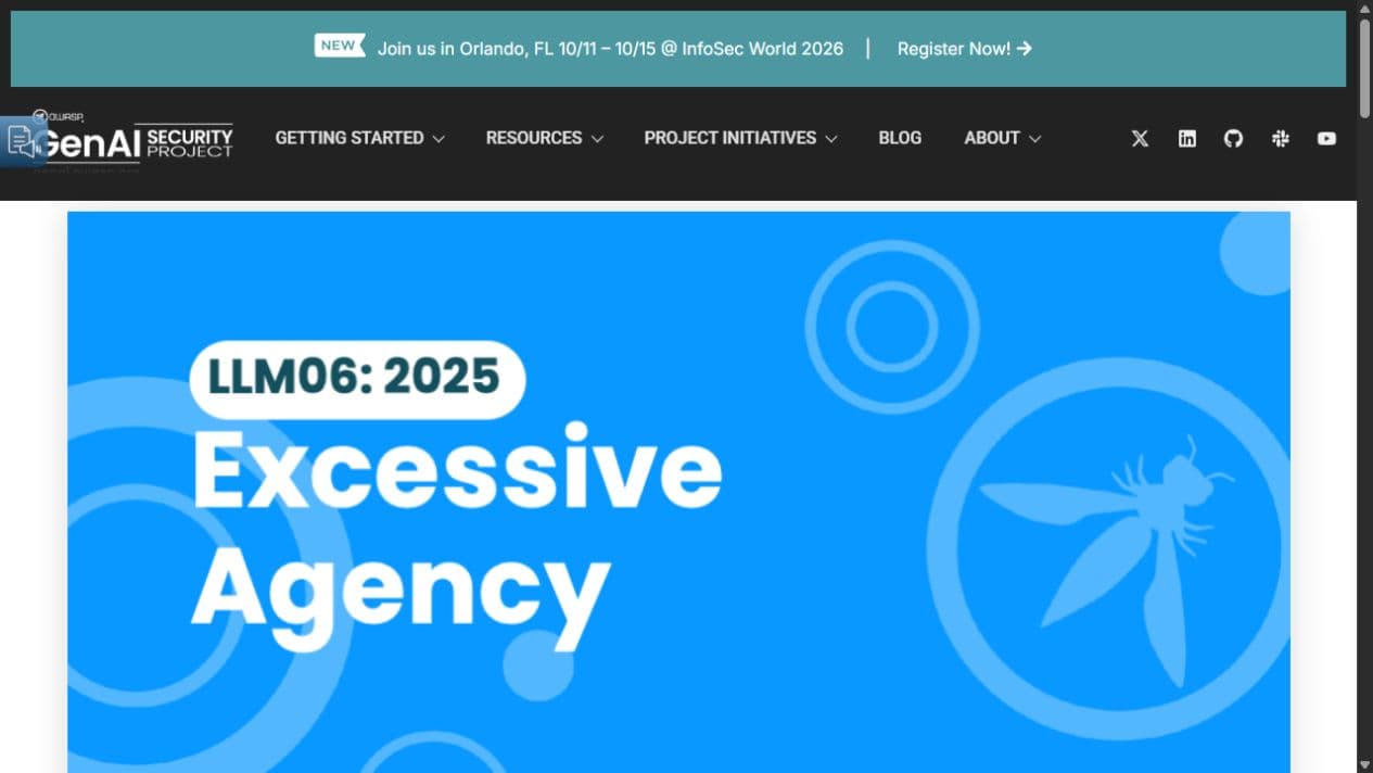 Cabecera del riesgo LLM06:2025 Excessive Agency publicado por OWASP GenAI Security Project.