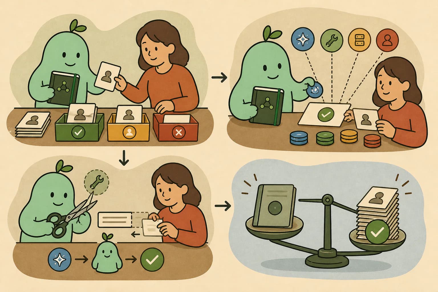 GC/AI y una persona separan solicitudes terminadas, revisadas y fallidas, asignan costos a cada resultado y retiran herramientas y contexto que no aportan.