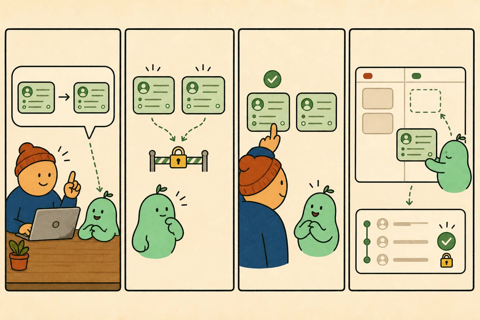 Cuatro viñetas muestran una solicitud ambigua, dos registros similares, una elección humana y una tool que mueve solo el registro seleccionado y deja auditoría.