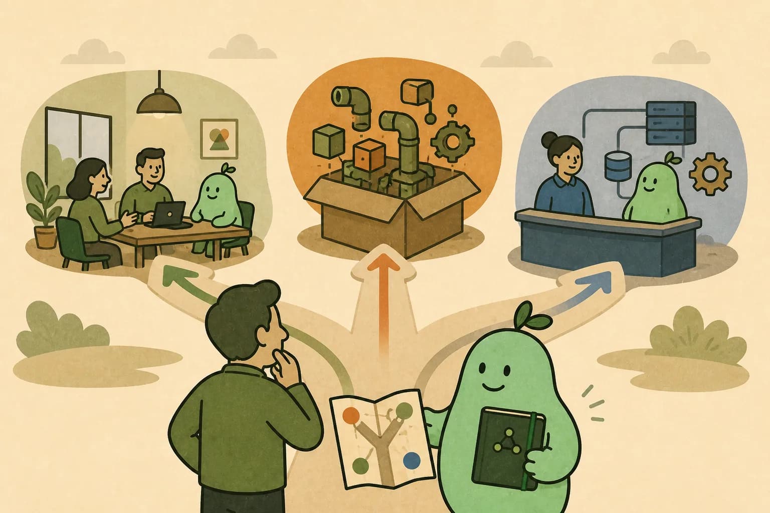 Un equipo y GC/AI observan tres caminos distintos: un espacio de trabajo compartido, componentes de API y un servicio conectado a sistemas internos.