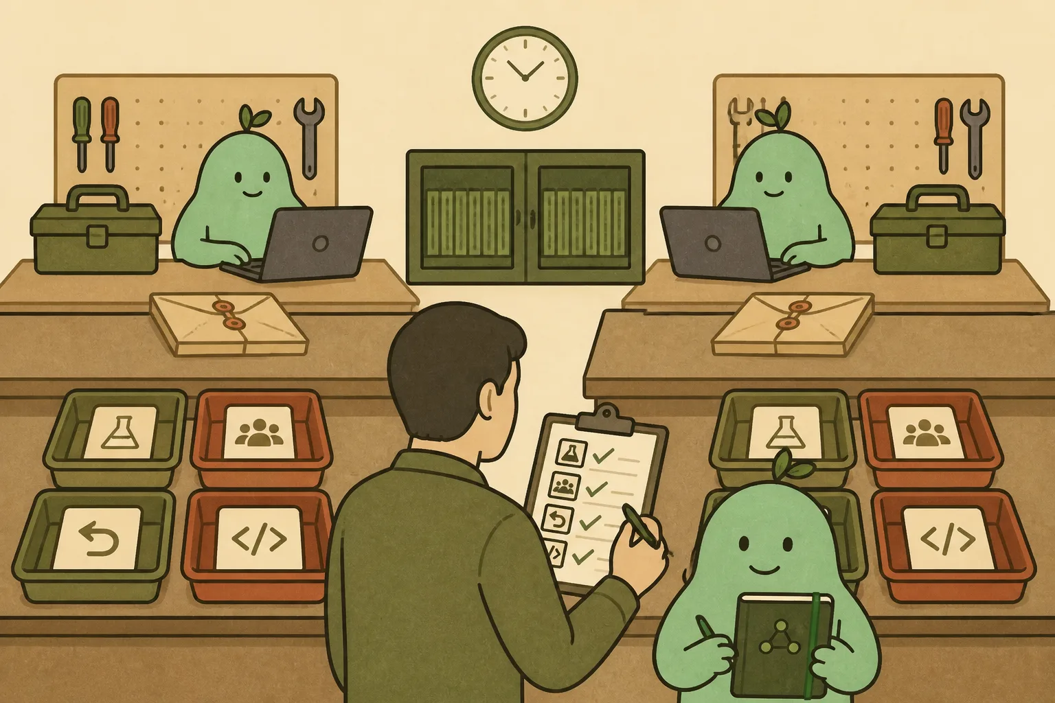 Dos bancos de trabajo reciben los mismos sobres, herramientas y tiempo; una persona revisa pruebas, reversibilidad, esfuerzo y cambios con GC/AI.