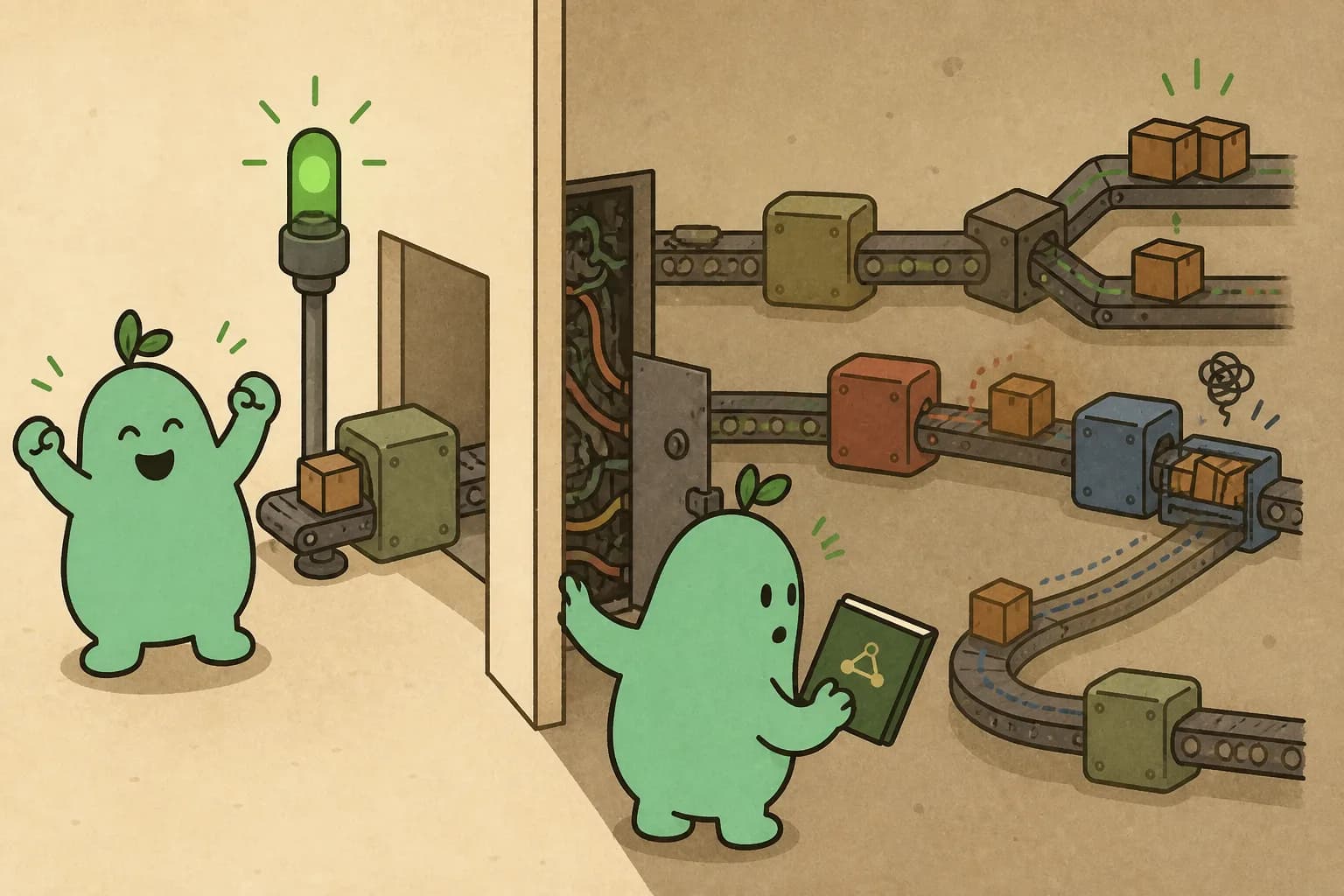 Un indicador verde celebra la entrada de un workflow mientras GC/AI descubre detrás de la pared paquetes duplicados, atascados y sin seguimiento.