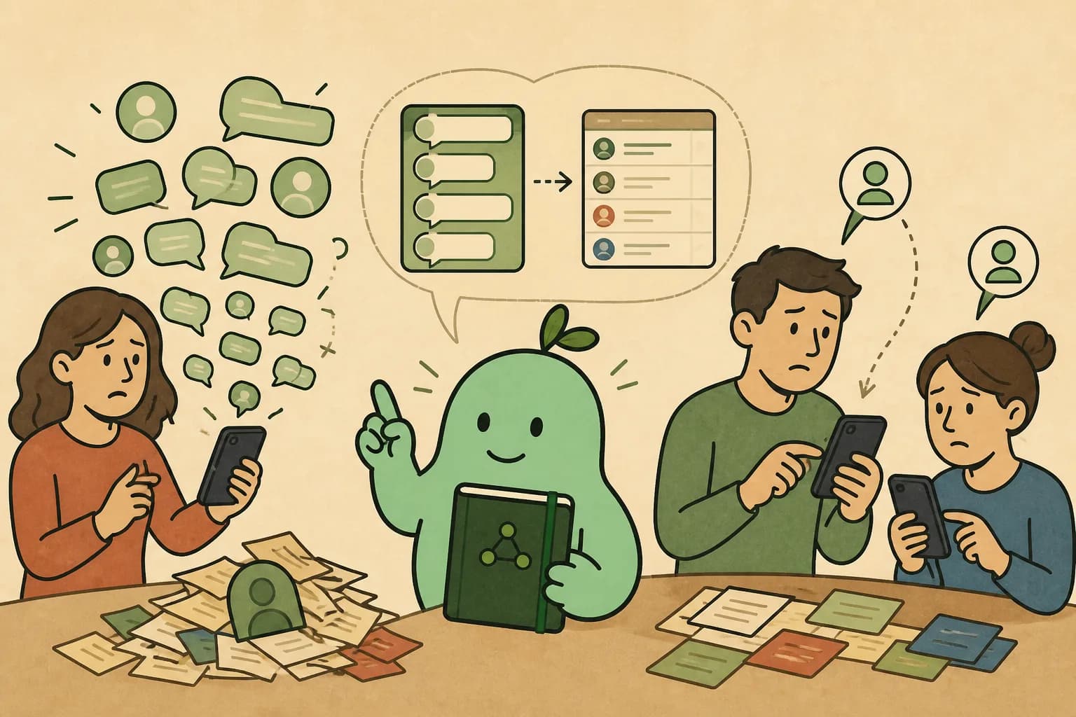 Mensajes genéricos y fichas de contacto se acumulan entre teléfonos y papeles; GC/AI muestra que la conversación y el CRM perdieron el mismo estado.